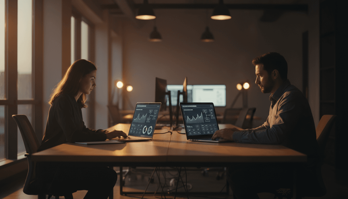 Two professionals collaborating at workstations monitoring AI agent automation dashboards