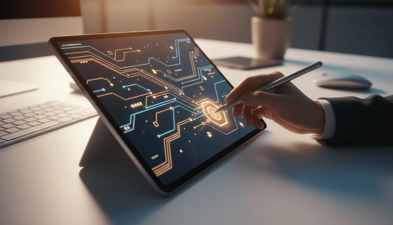 Close-up of digital automation nodes and data flow on tablet screen