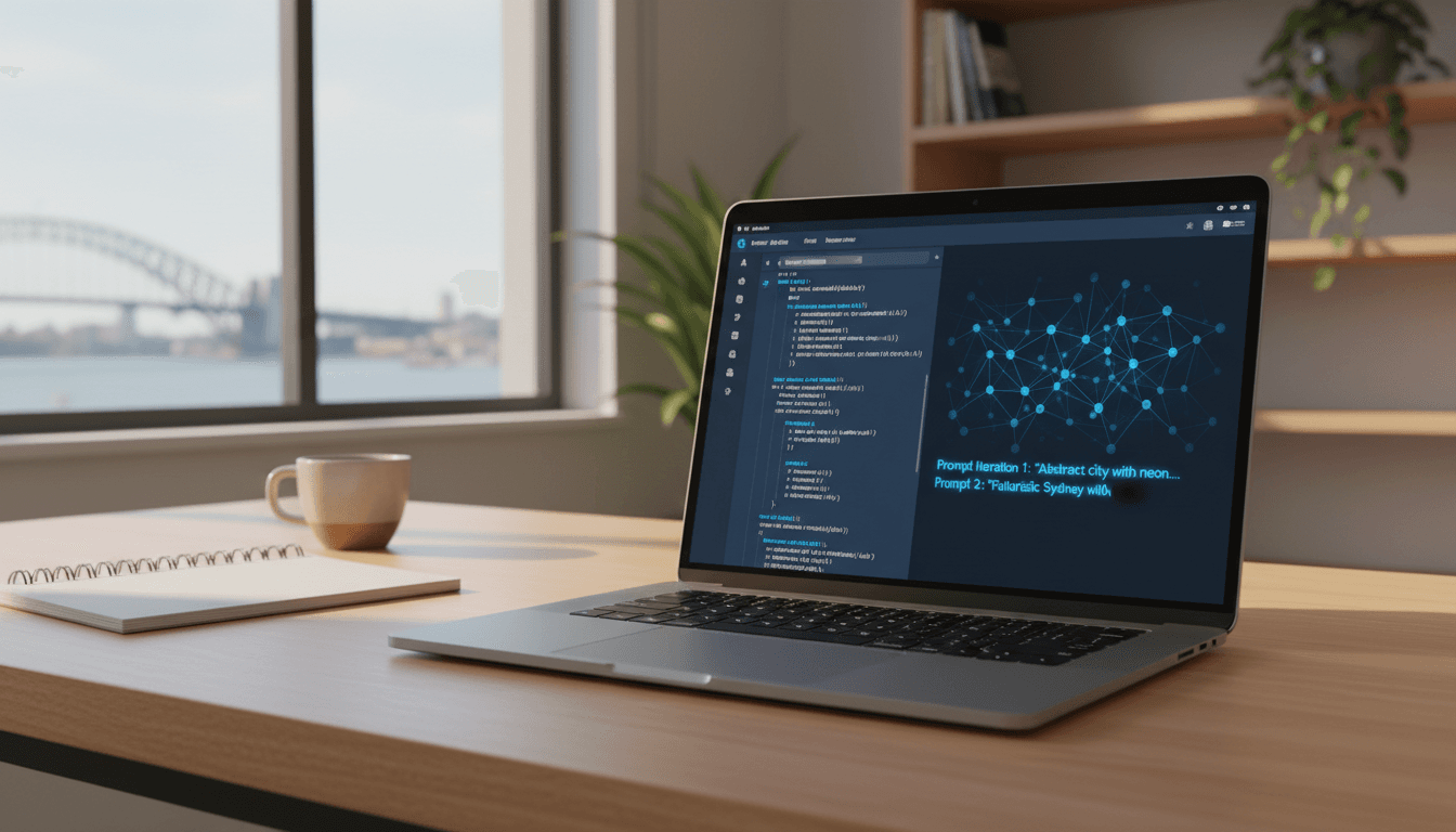 Laptop screen showing AI prompt engineering work in a professional Sydney office