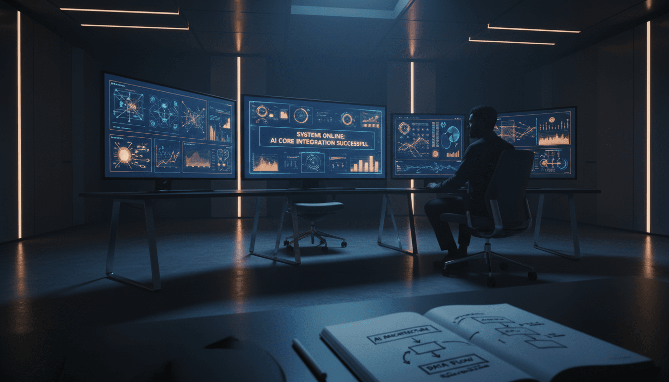 Professional reviewing AI integration dashboards on multiple monitors in a modern workspace