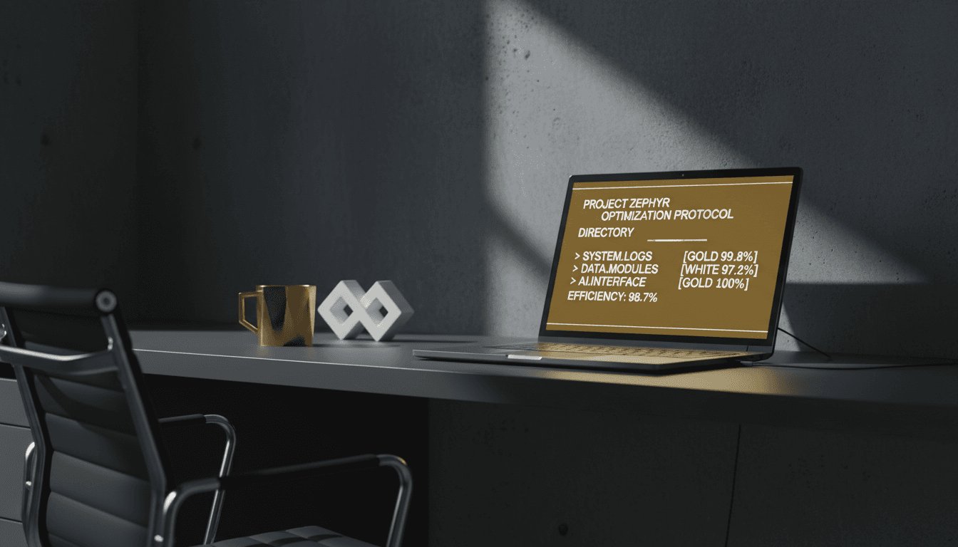 A high-contrast retro-futurist aesthetic wide shot of a minimalist home office workspace