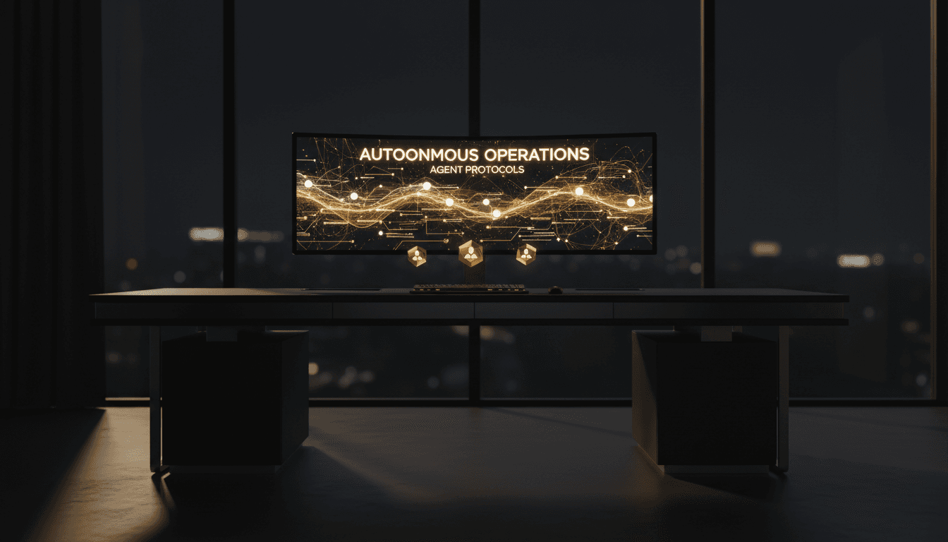 Monitor displaying Agentic Mesh network visualization with golden agent nodes in a modern office