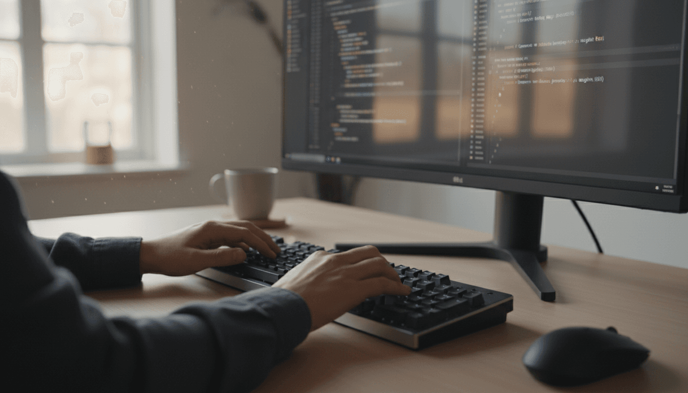 Developer hands typing prompt engineering code on mechanical keyboard