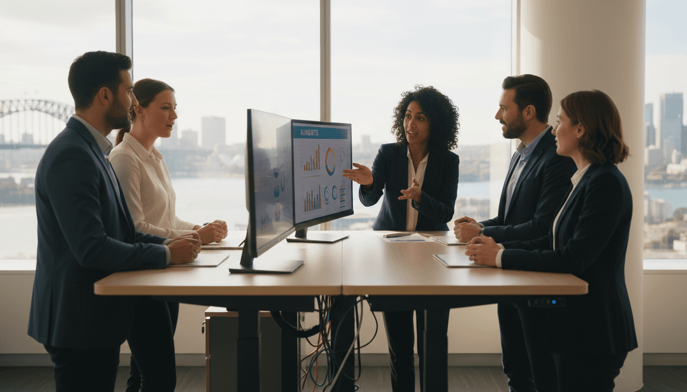 Team collaborating with AI copilot insights on multiple screens