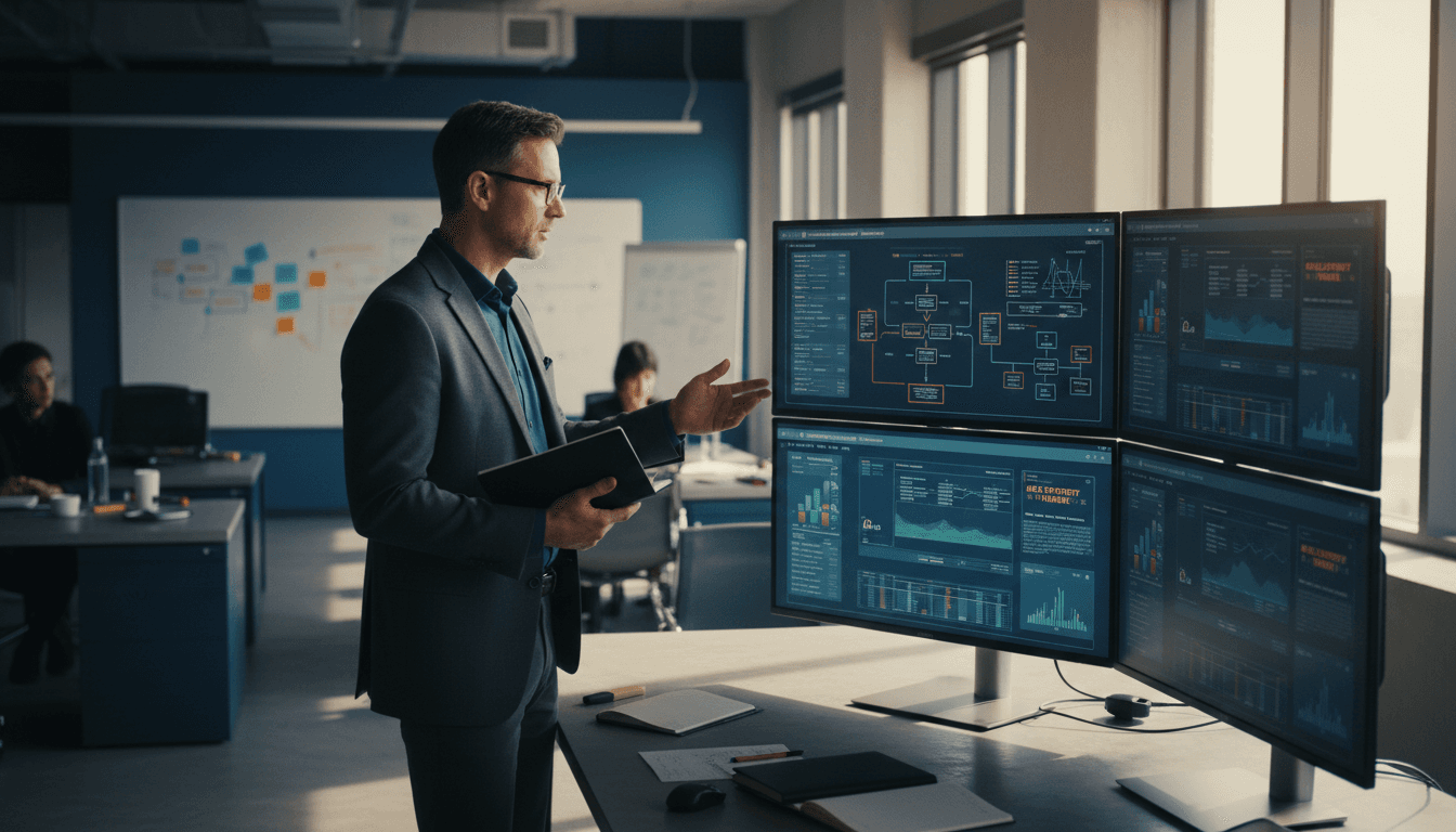 AI strategy consultant reviewing implementation roadmaps on multiple displays