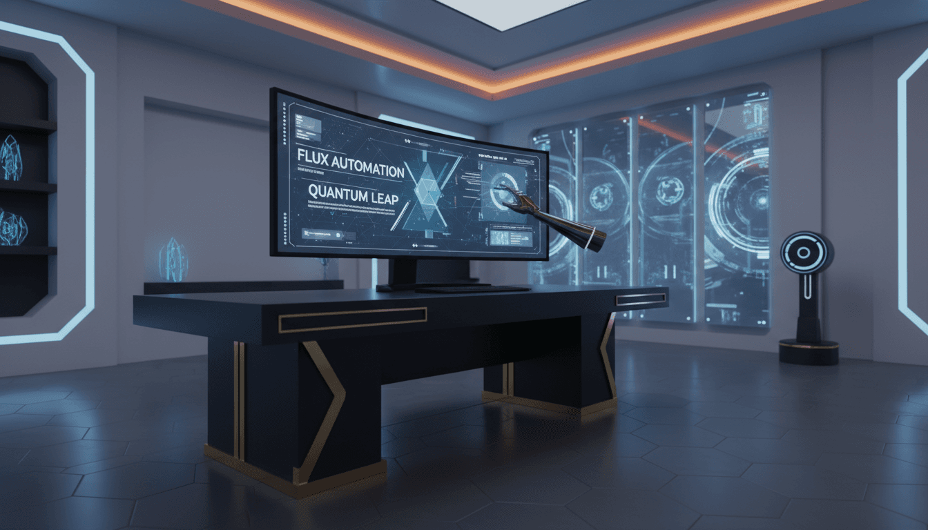 Modern workspace with AI dashboard and autonomous workflow systems displayed on monitor