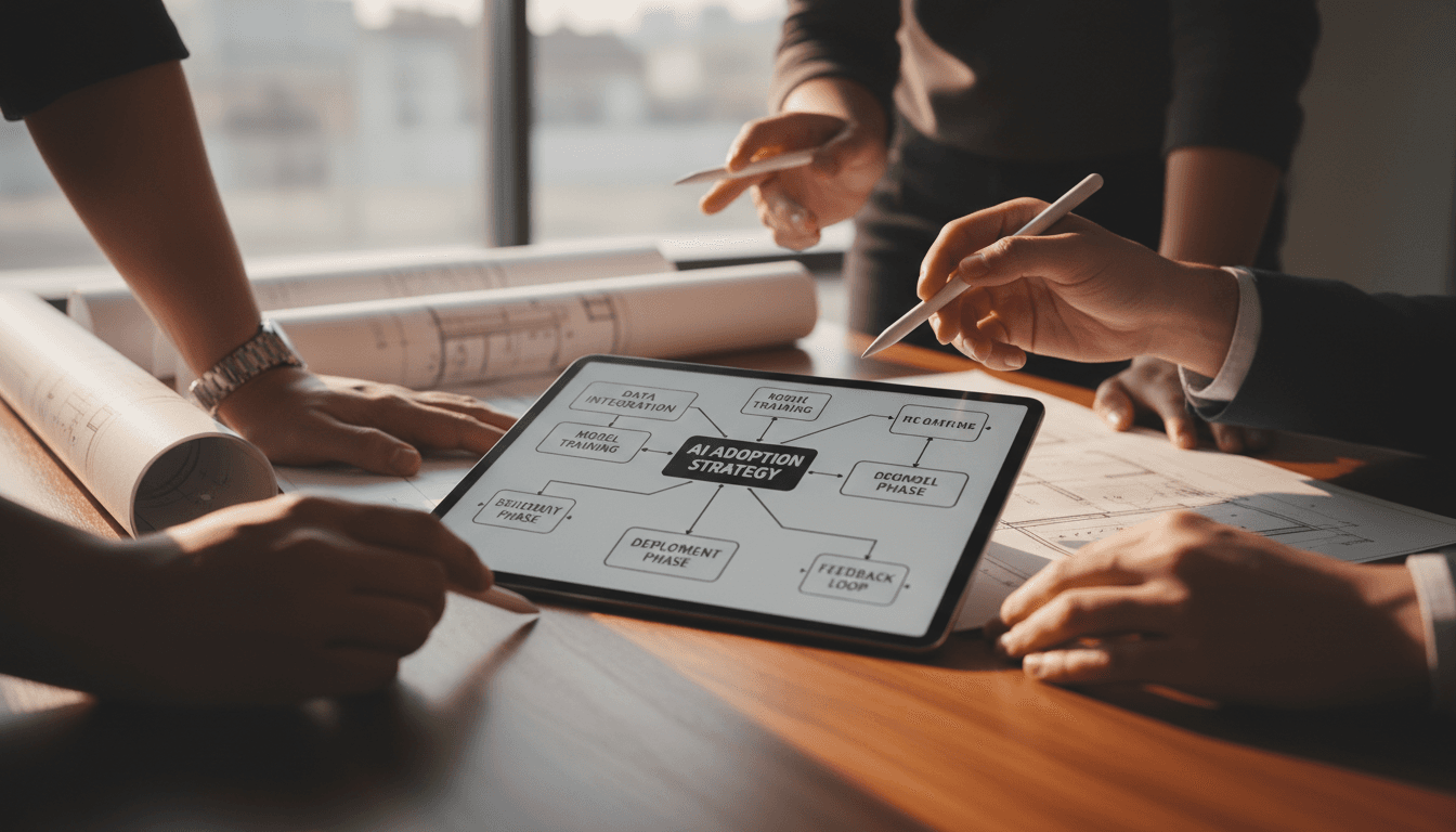 Hands working through AI adoption strategy on tablet with implementation blueprints