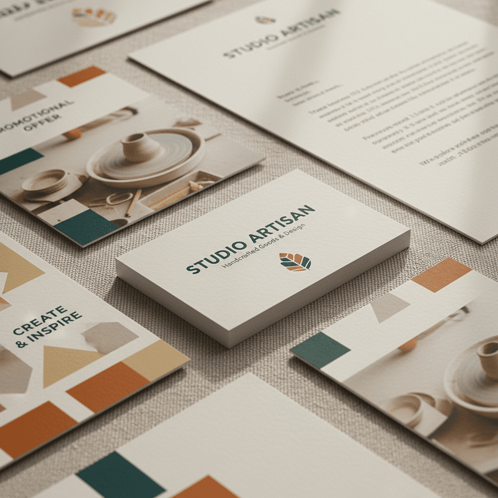 Printed marketing materials and business cards arranged on linen surface