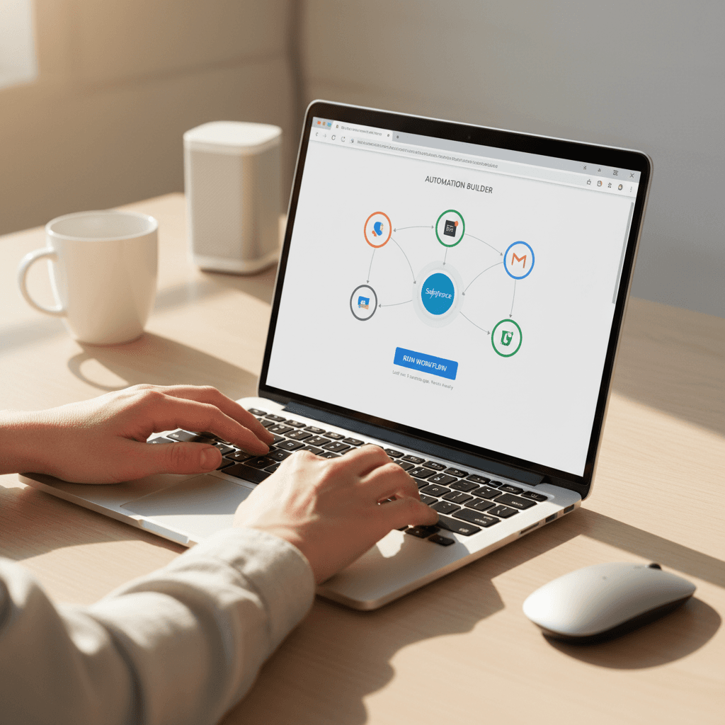 Hands typing on laptop showing SaaS tool integration and automation setup