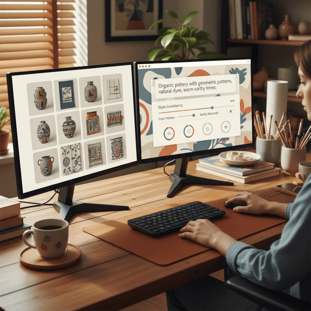 Designer reviewing AI-generated brand images on dual monitors