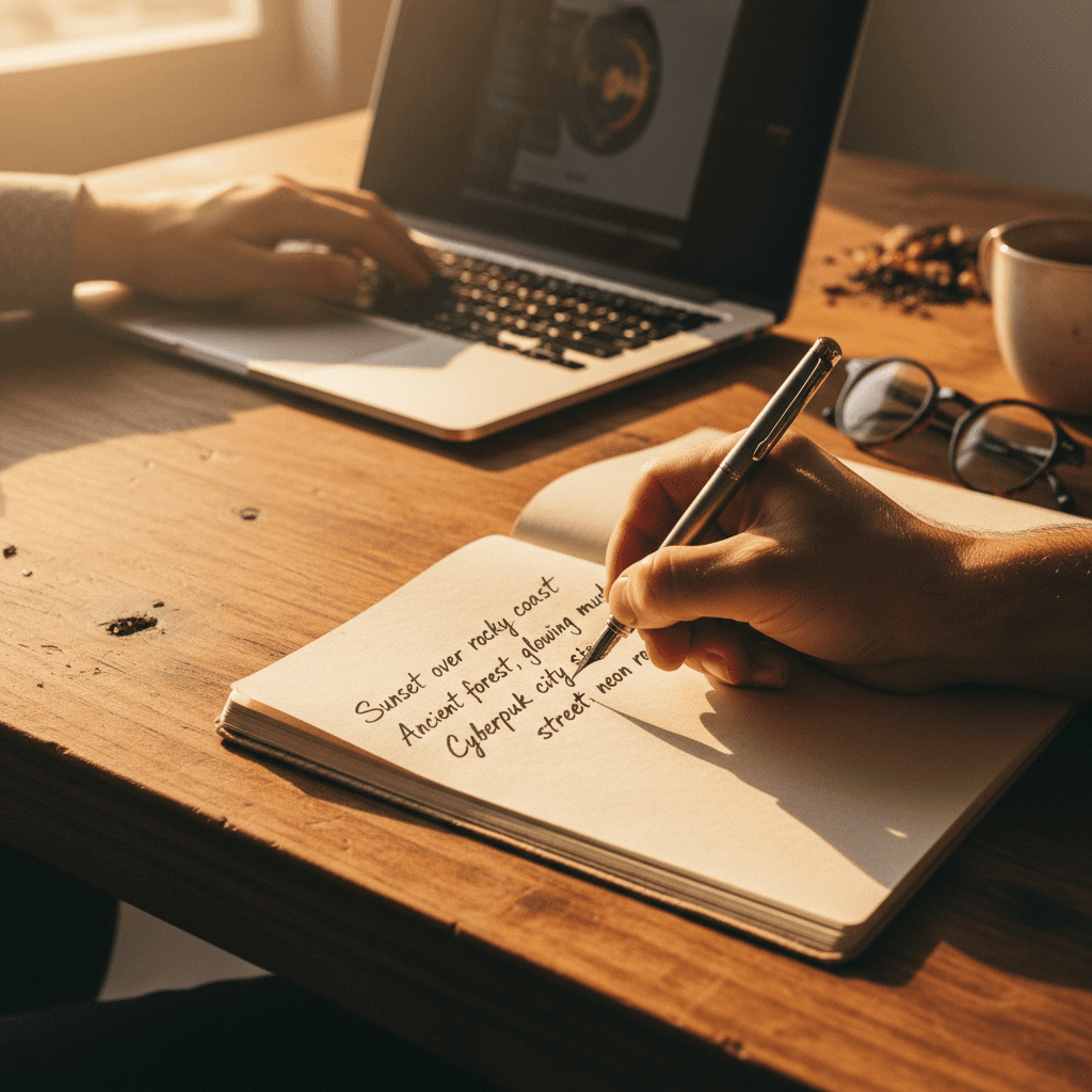 Handwritten prompt notes and digital workflow