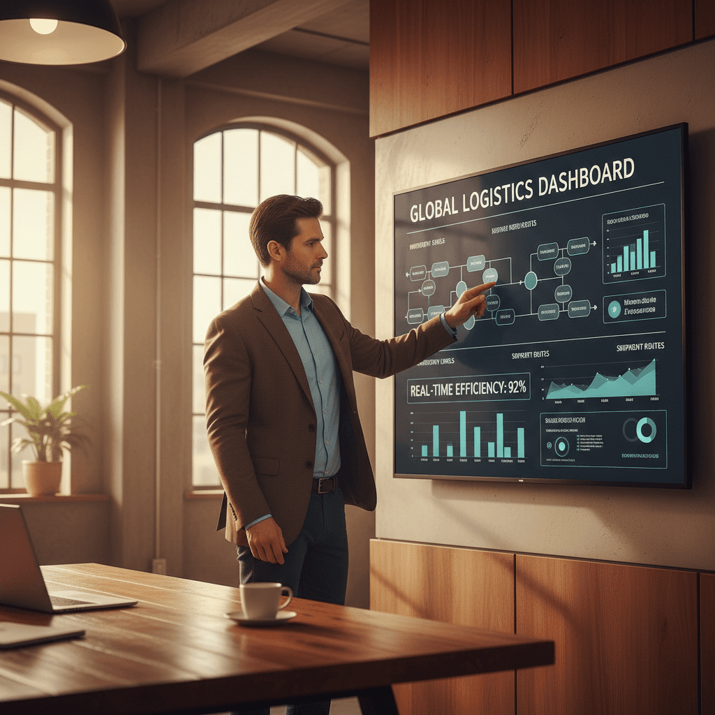 Operations manager reviewing enterprise resource planning system and supply chain workflow