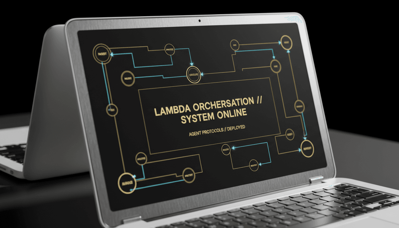 High-end laptop displaying autonomous agent workflow with golden accents