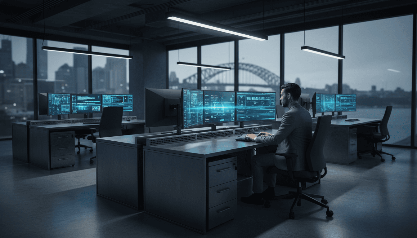 Professional working at a desk with AI automation data displayed on computer screens