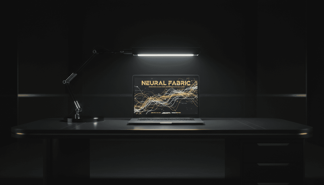 Minimalist late-night workspace with laptop displaying autonomous agent network visualization in gold and white