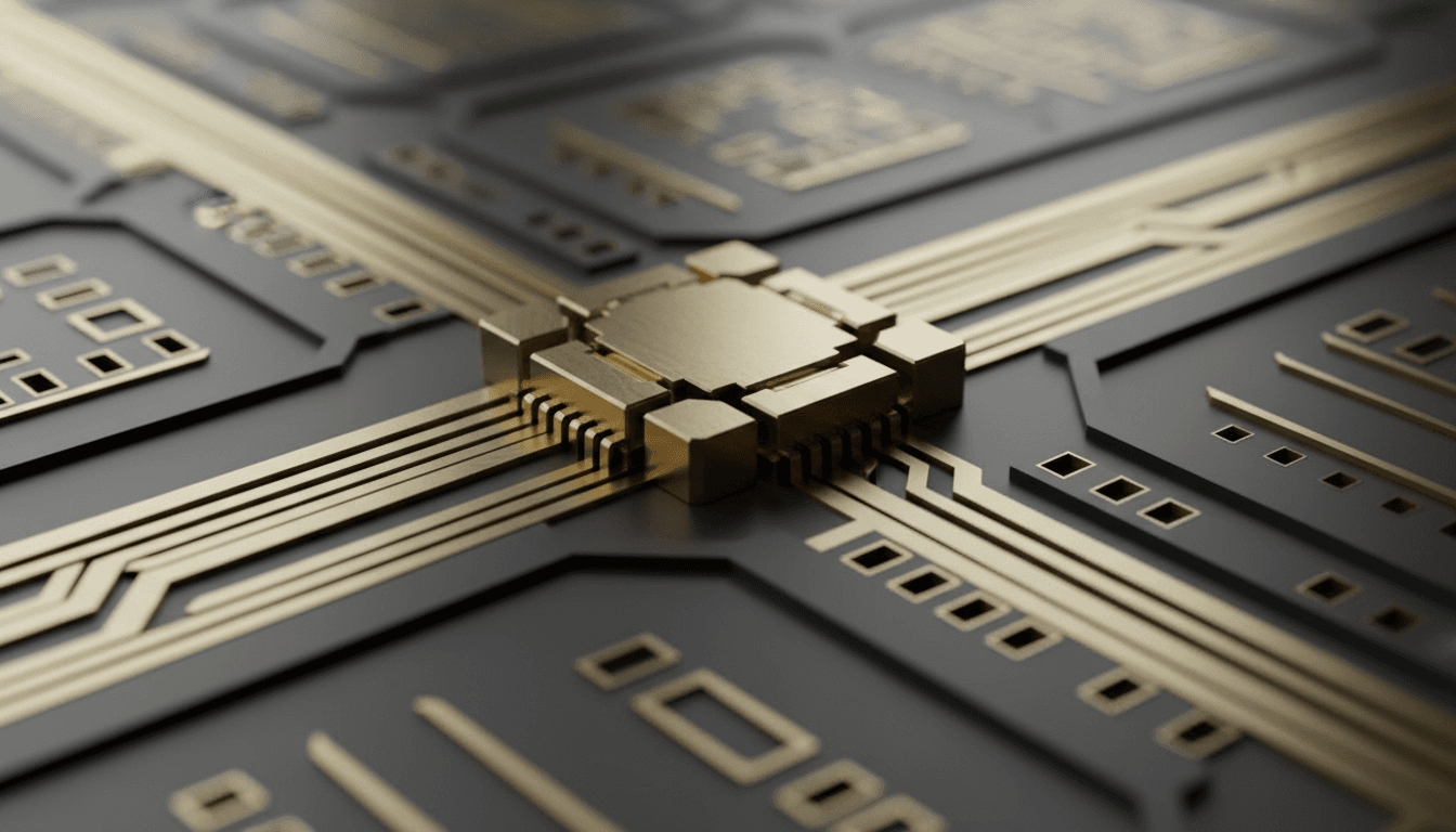Metallic circuit board detail with gold and charcoal tones