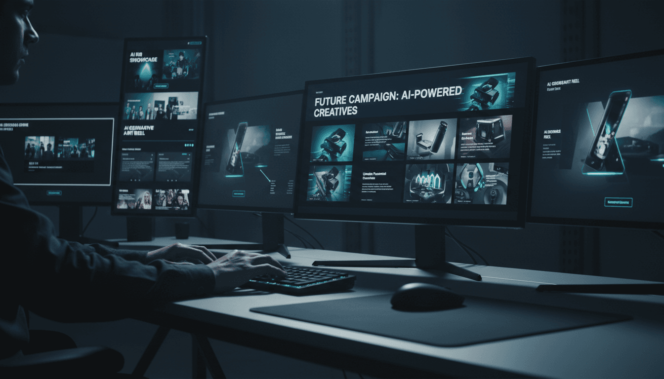 Designer working on AI-generated content systems across multiple displays