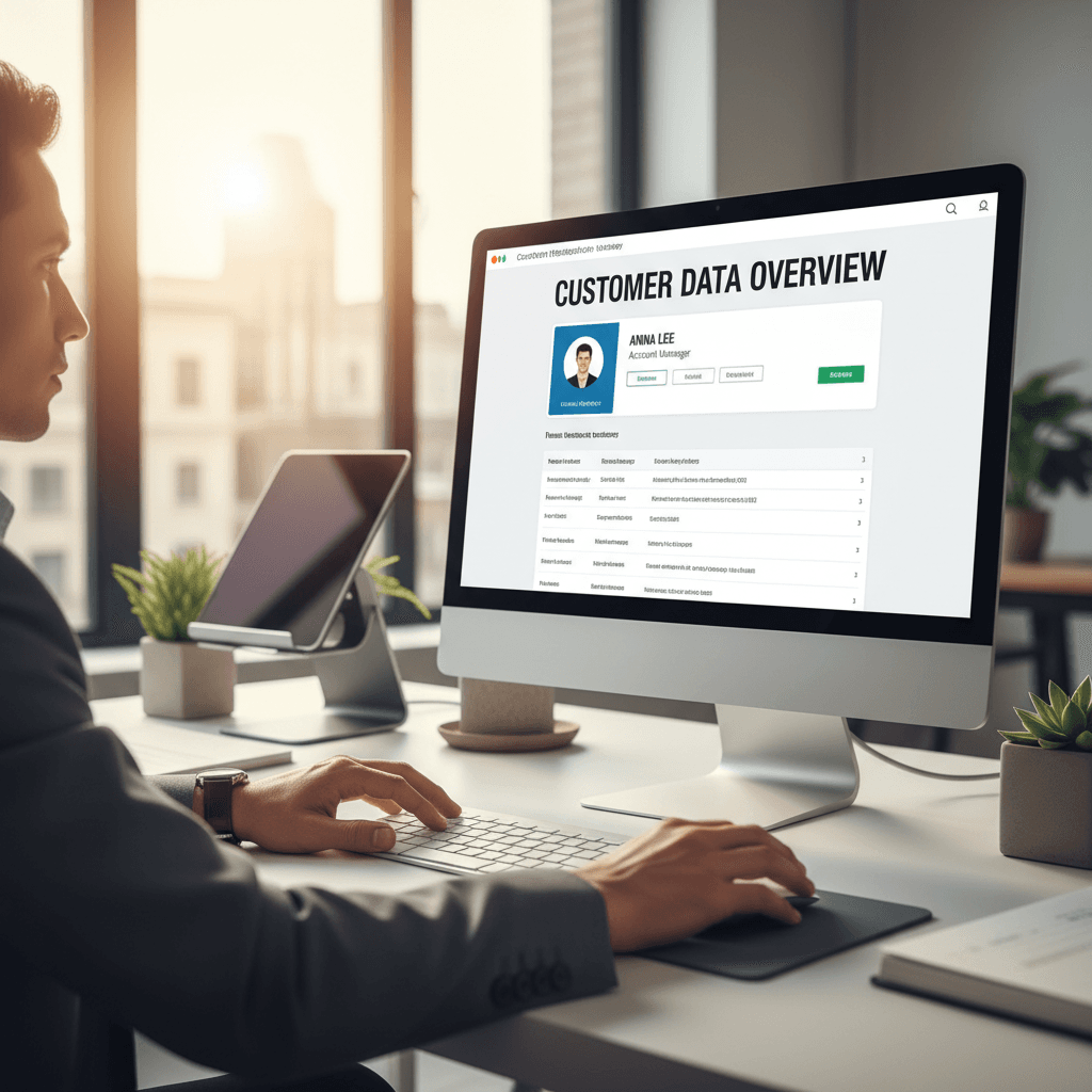 Professional reviewing CRM customer data on desktop monitor