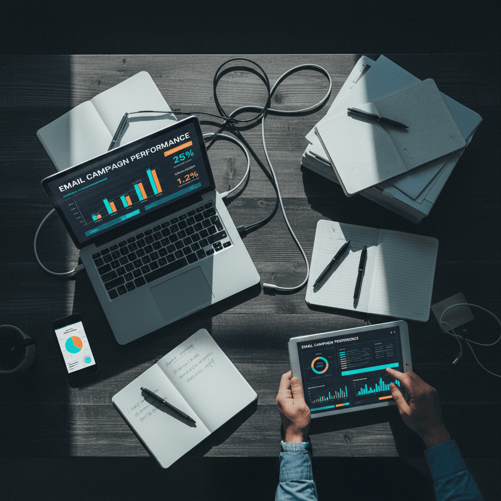 Marketing professional monitoring AI automation dashboards across devices