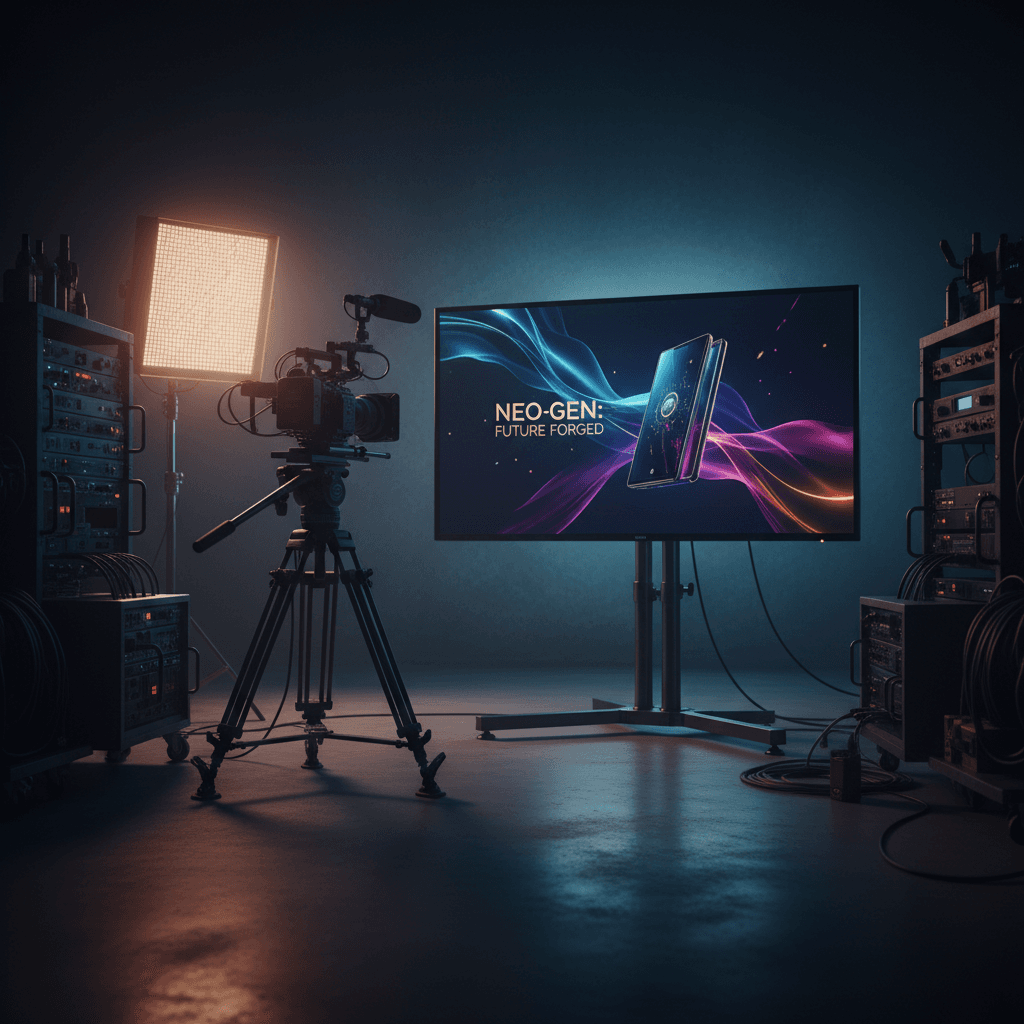 Professional video editing setup displaying AI-generated promotional video content