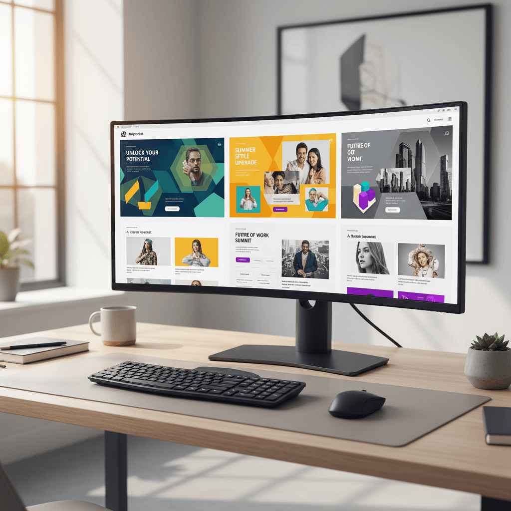 Desktop monitor showing AI-generated email marketing templates and campaign designs