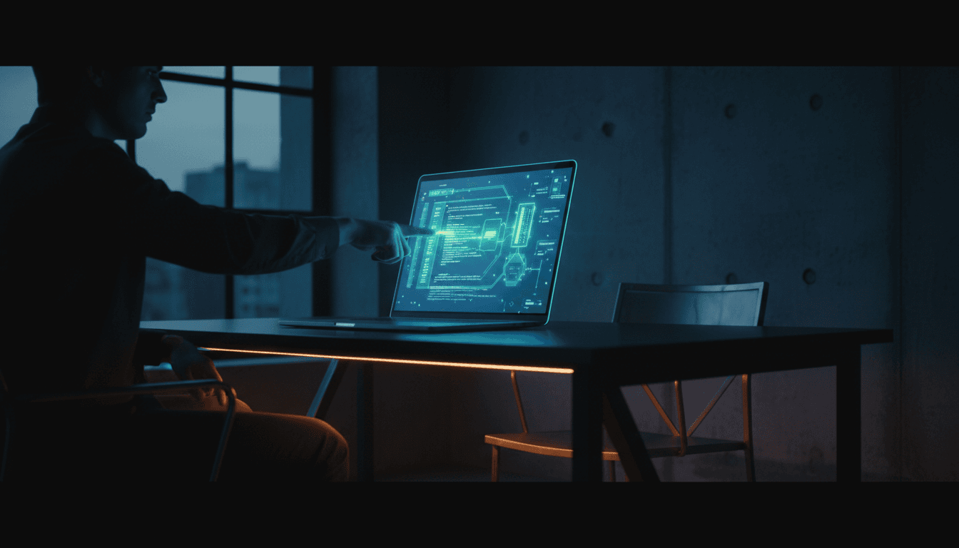 Automation workflow displayed on laptop screen with professional hand gesture